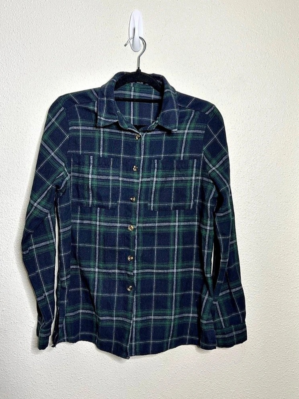 SHEIN Green Plaid Flannel Long Sleeve Button-Down Shirt